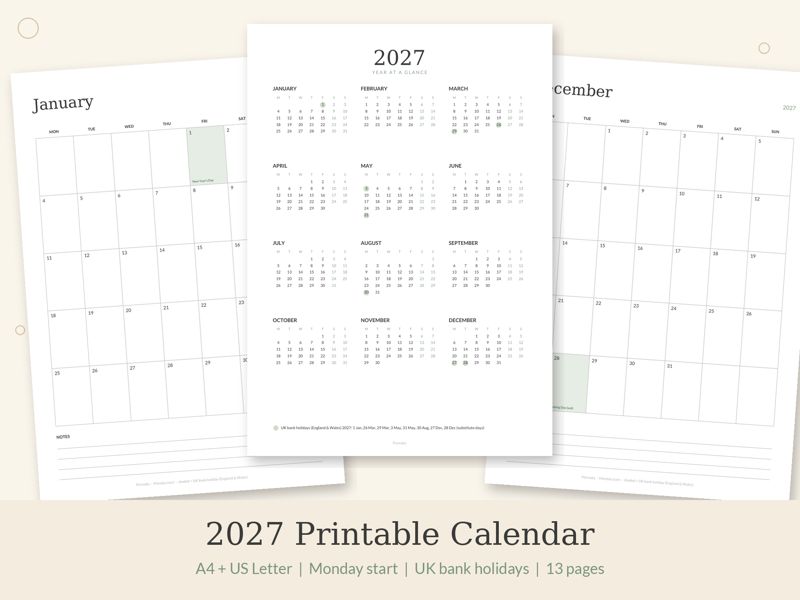 2027 Calendar (UK) printable preview