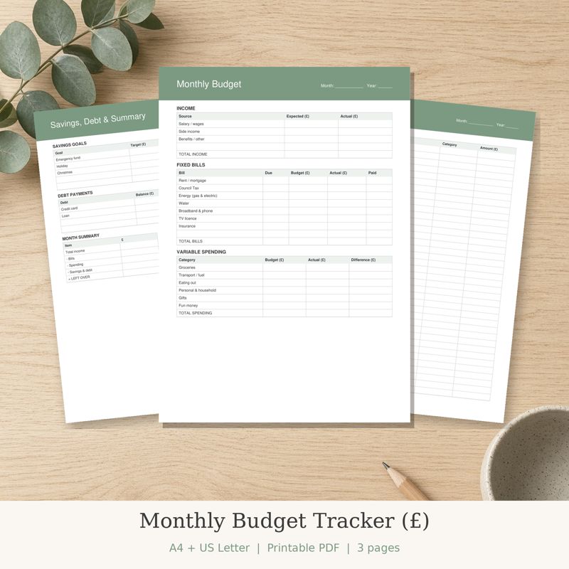Monthly Budget Tracker (UK, £) printable preview